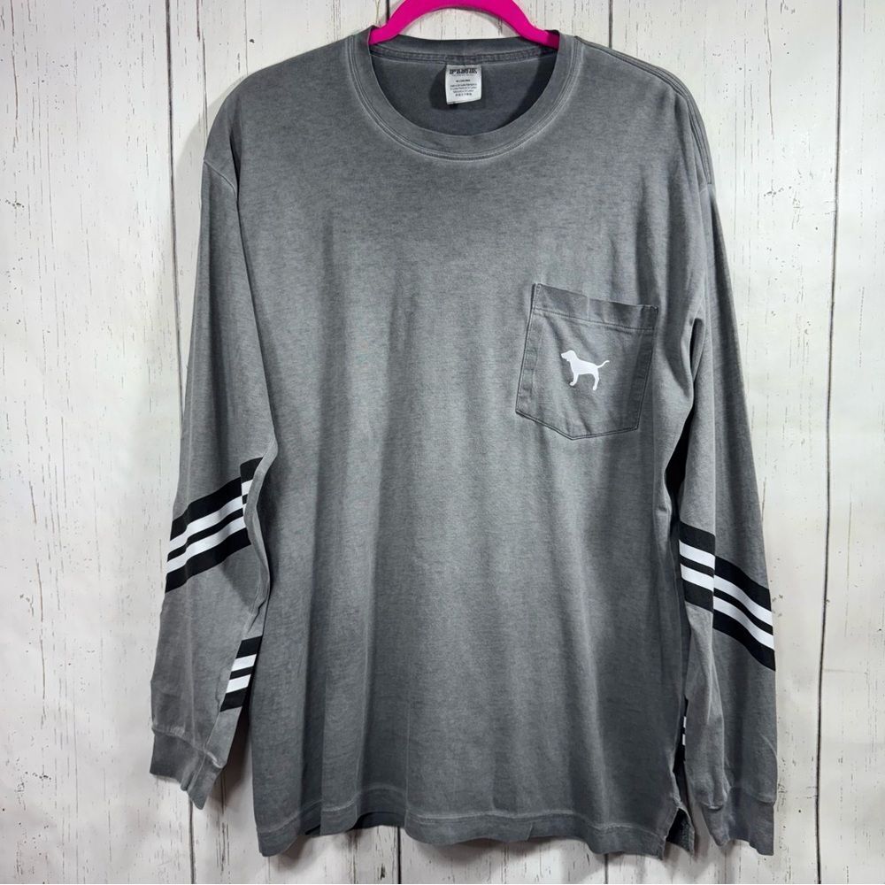 Vintage Victorias Secret Pink T Shirt Long Sleeves Gray Logo Stripes Cotton Y2K